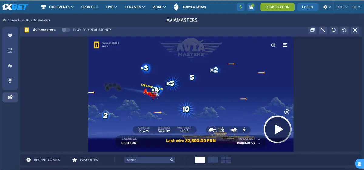 Avia Masters demo mode gameplay at 1xBet
