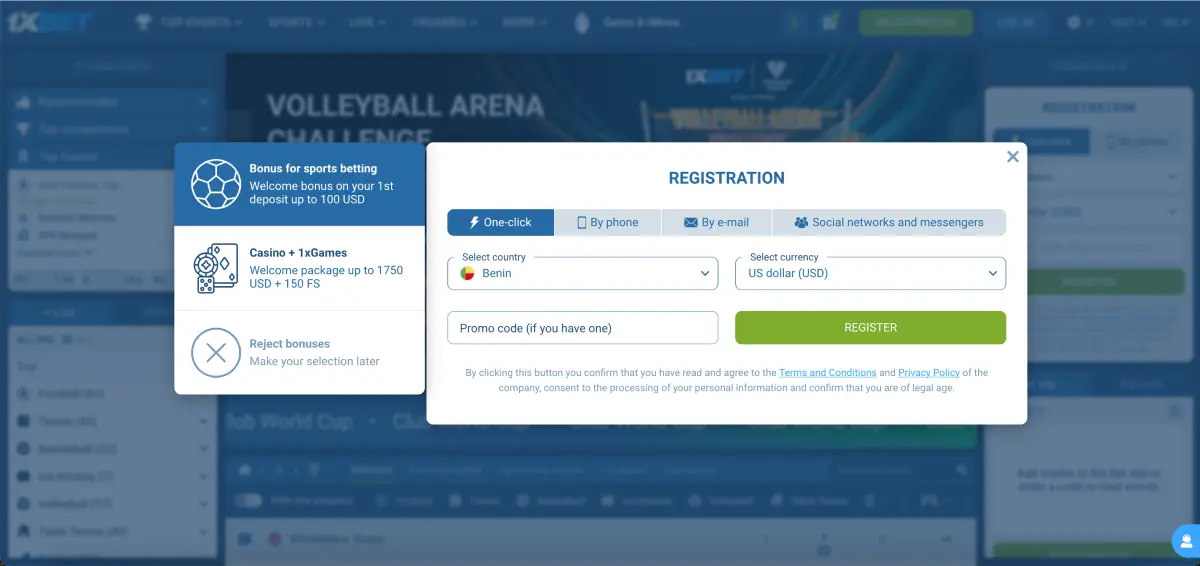 Registration process for 1xBet before playing Avia Masters