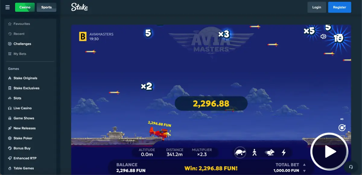 Flight gameplay in Avia Masters Stake demo mode