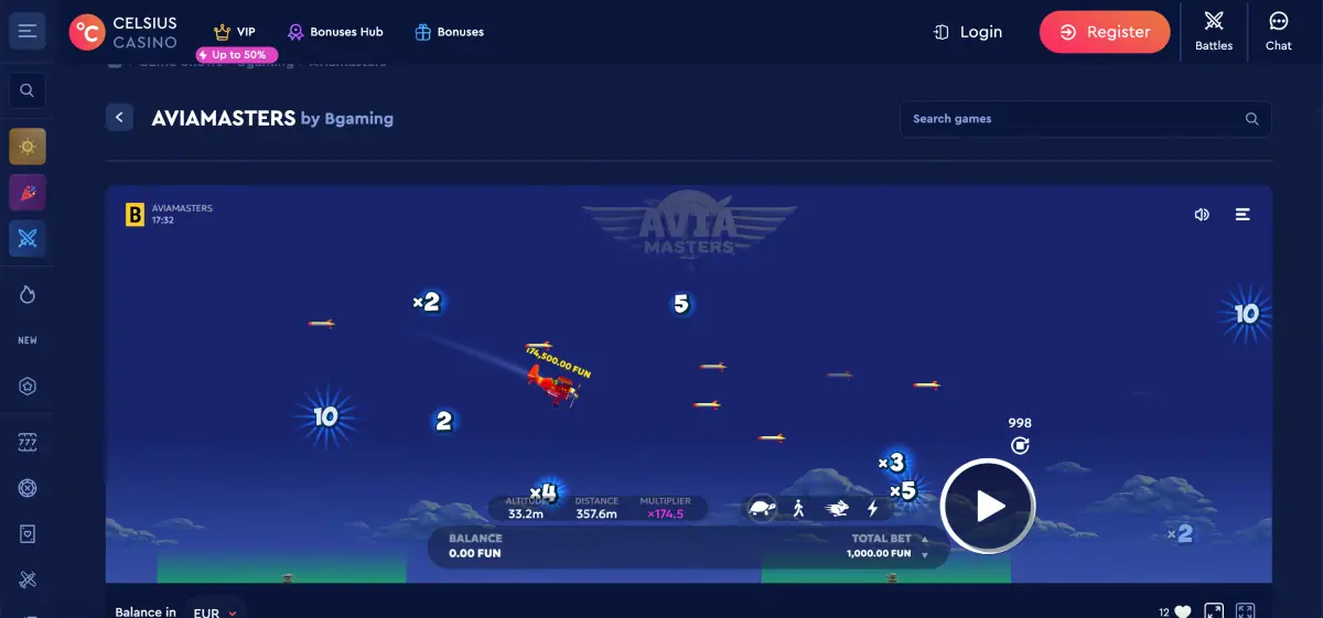 Gameplay showing multiplier in Avia Masters crash game