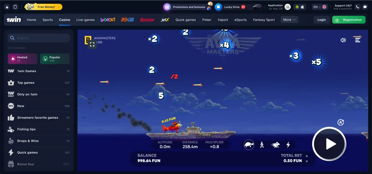 Crash-style slot gameplay in Avia Masters by BGaming