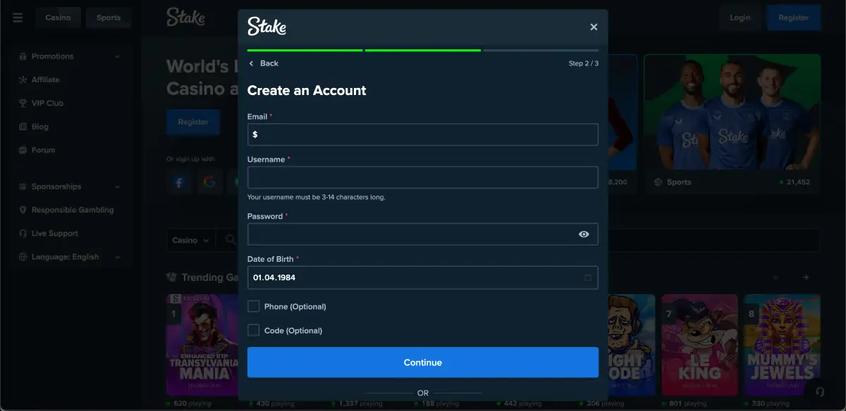 Stake casino registration form for Avia Masters