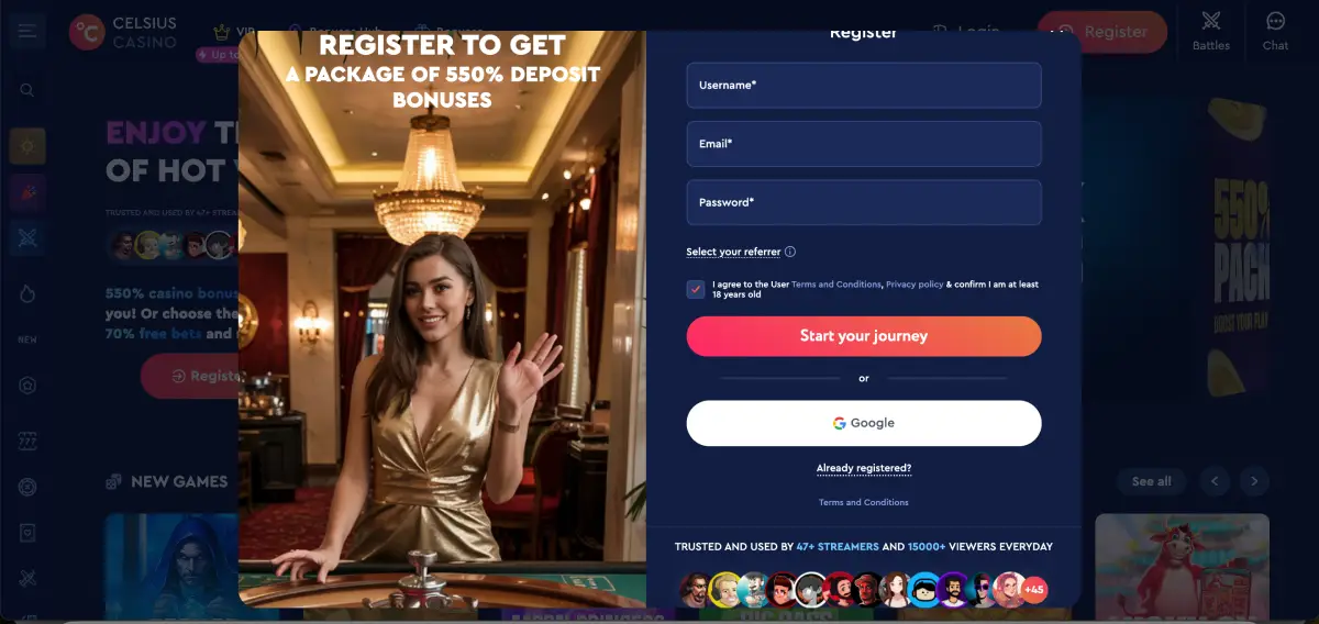 Registration process in Celsius casino before playing Avia Masters