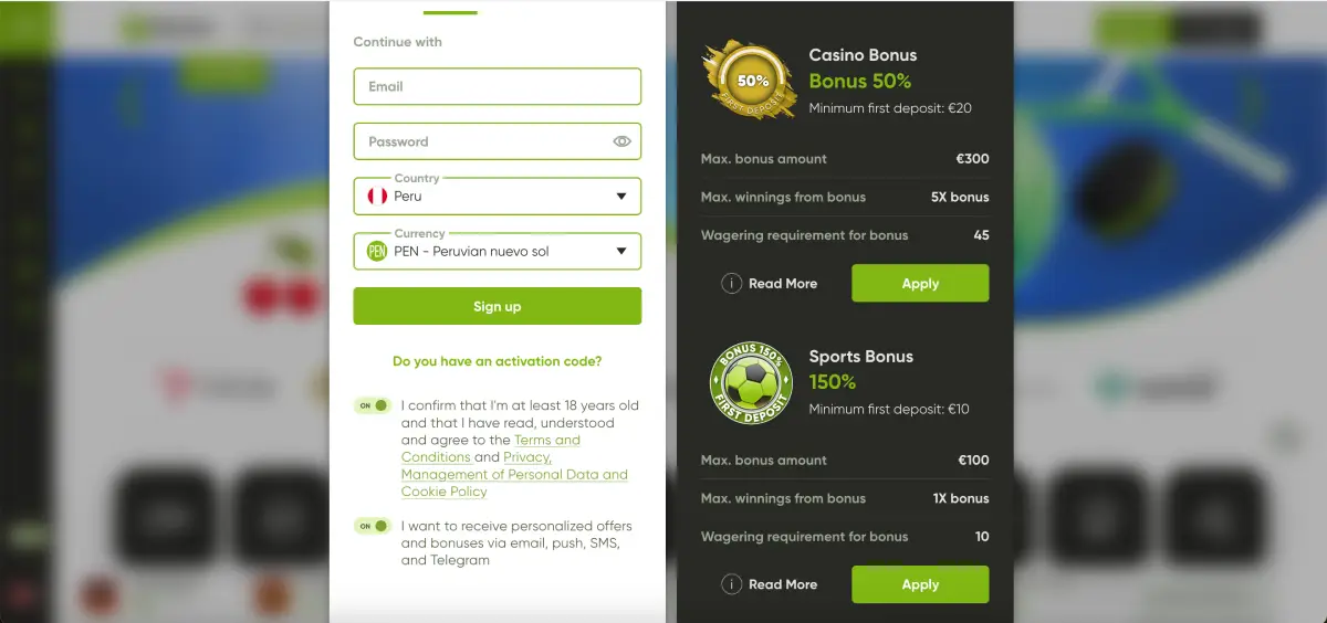 Registration page in Fresh casino