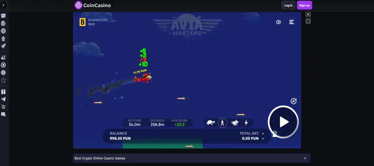 CoinCasino menu showing Avia Masters in crash games category