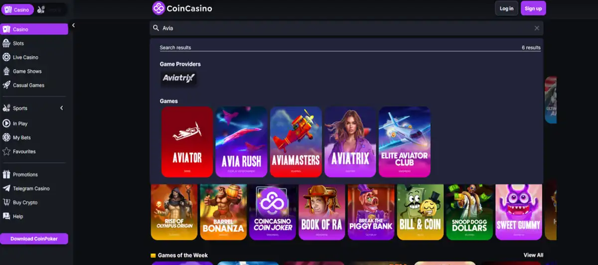 Crash game interface for Avia Masters in CoinCasino on desktop